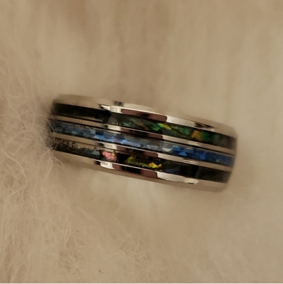 NEW Mens Tungsten Carbide inlaid Shells Blue Opal Statement Ring Gifts Unisex - Picture 14 of 16